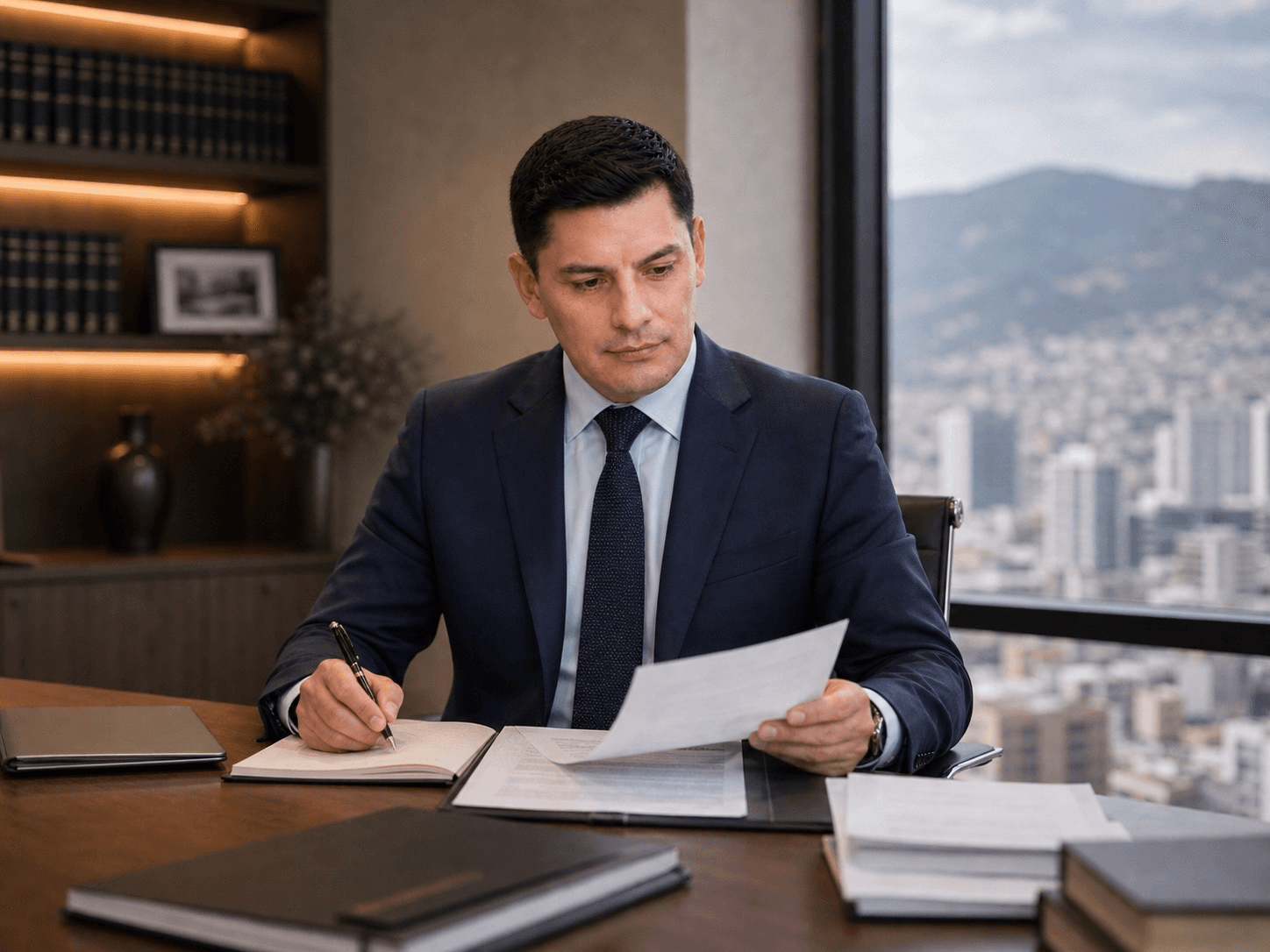 Javier Baquero revisando documentos de defensa civil y patrimonial